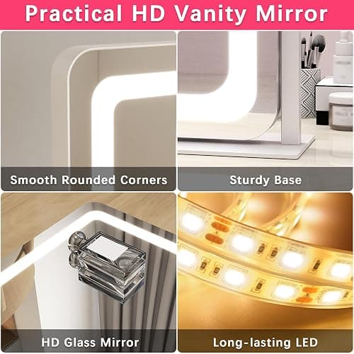 ROLOVE 22x17 Inch Lighted Vanity Mirror with Dimmable LED Lights - 3 Color Modes, Smart Touch Control & 360° Rotating Base - Desk Makeup Mirror (White) thumbnail 7