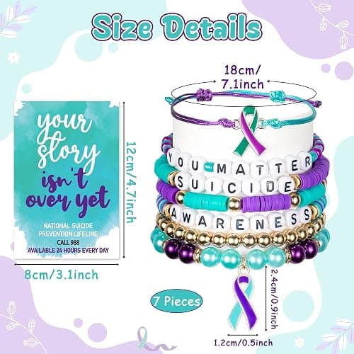 Y1tvei Suicide Awareness Bracelets Set- 7Pcs Suicide Prevention Awareness Colorful Clay Bead Surfer Bracelet with Purple Teal Ribbon Motivational Jewelry Gift for Suicide Mental Health Care Supplies thumbnail 3