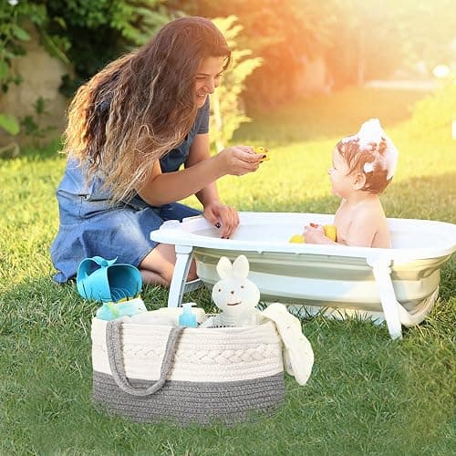 Maliton Baby Windel Caddy Organizer，Wickeltisch Organizer Aufbewahrungskorb mit Herausnehmbaren Fächern，Robuster Tragbarer Baumwollseil Windeltasche als Babyparty Geschenk，Grau - Grau - M thumbnail 2