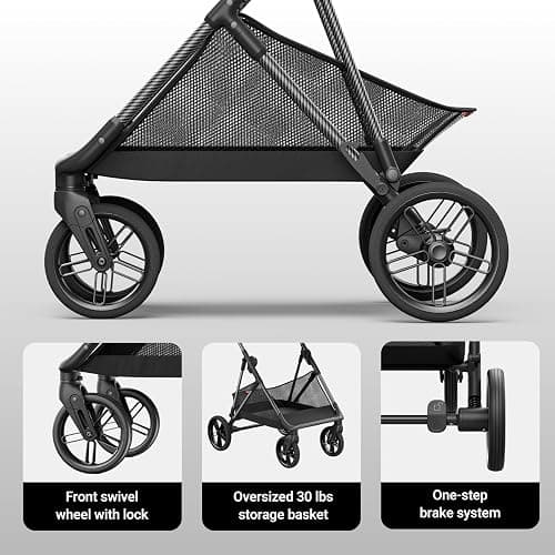 MAMAZING Air Lux Baby Stroller with Bassinet from Newborn to 50 lbs, Strength Carbon Fiber Frame Only 15.8lbs, Bassinet Stroller Included Reversible Seat, Car Seat Adapter & Large Storage Basket thumbnail 8
