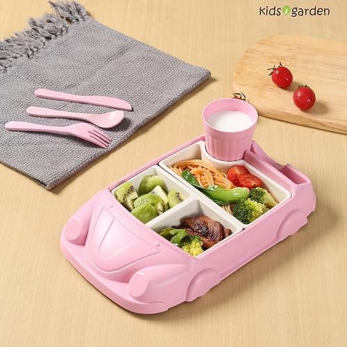 Kids garden Car Plate 8Pcs/Set Bamboo Children Dinnerware Sets - Dishwasher/Microwave Safe Includes Cutlery, Beautiful Plate, Separable Bowls & Cup Happy MealTime, Pink thumbnail 2