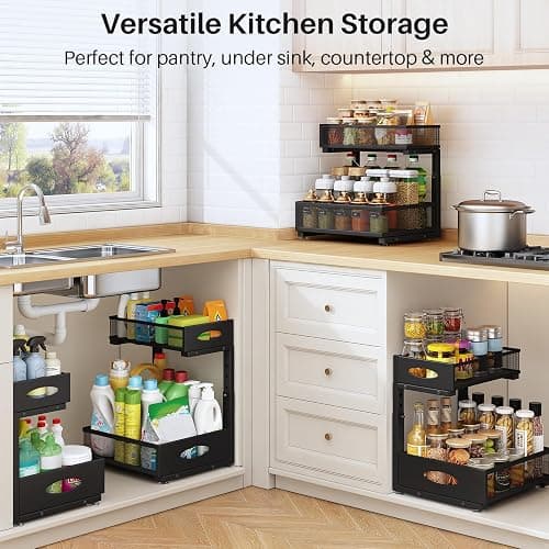 Under Sink Organizer, 2 Pack 2 Tier Pull Out Under Cabinet Organizer Shelf with Pad for Framed Cabinets, Metal Slide Out Under Sink Storage, Mesh Sliding Drawers for Kitchen Bathroom Laundry, Black thumbnail 8