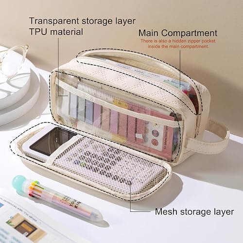 EASTHILL Large Capacity Pencil Case Cute Pencil Pouch with Handle Stationery Pen Bag for Teen Girls-Cream thumbnail 4