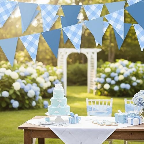 Blue Pennant Flag Banner for Boy Birthday Party Decor, Blue Gingham Triangle Banner Garland for Nautical Wedding Birthday Party Ahoy Achor Bridal Baby Shower Supplies thumbnail 7