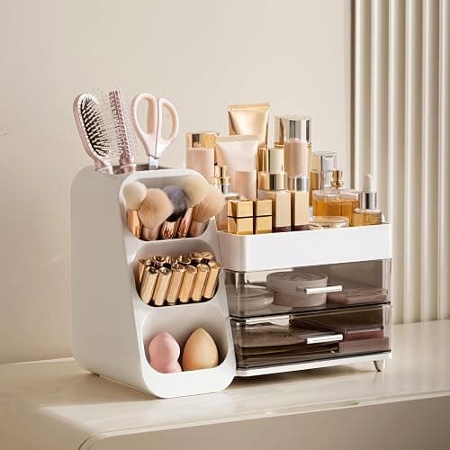 HBlife Makeup Organizer with Brush Holder for Vanity, Large Plastic Bathroom Countertop Organizer Skin Care Storage, Easy to Store Lipsticks, Nail Polishes, Perfumes, Eyeshadow Palettes, White thumbnail 2
