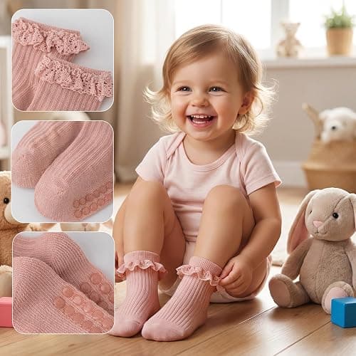 HDFHDF 6 Pairs Socks Kids Baby Girls Anti Slip Floor Spring and Autumn Cotton Learning to Walk Unsteadily Lace thumbnail 4