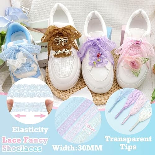 WEGOODZF Flat Lace Fancy Shoelaces: 3CM Wide Lace Shoe Laces for Women - 2 Pairs - 01 White - 47inch (120CM) thumbnail 4