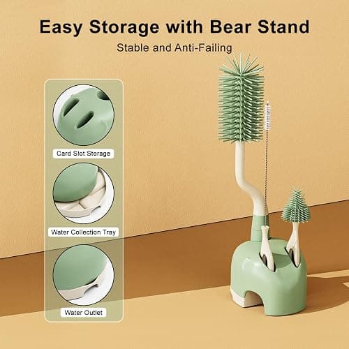 ePiiChua Silicone Bottle Brush Set with Stand, 360° Rotating Bottle Cleaning Brush Cleaner Set, Long Handle 3 in 1 Multipurpose Silicone Baby Bottle Straw Cleaner Brush (Green) thumbnail 5