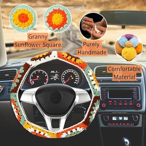 Crochet Steering Wheel Cover Set,Cute Steering Wheel Cover Boho 14-15 in,Handmade Sunflower Granny Square Decor for Women,Hippie Car Accessories (A Wheel Cover) thumbnail 4