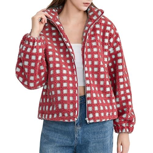 Oymyakon Women Checkered Sherpa Jacket Cropped Long Sleeve Fuzzy Plaid Fleece Coats Casual Zip Up Gingham Outwear - Image 1