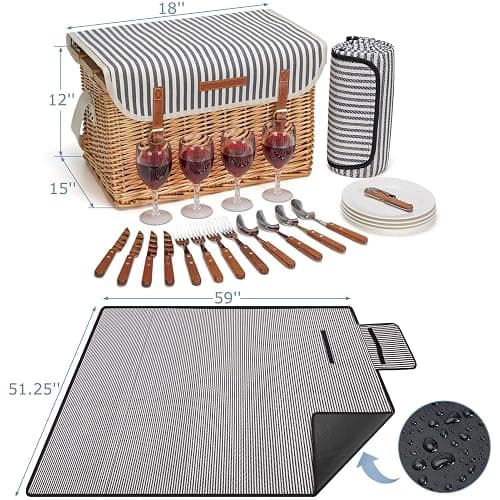 Panier de pique-nique en osier pour 4 ou 4 personnes - Kit de pique-nique en osier avec couverture, table portable en bambou pour le camping et les fêtes en plein air thumbnail 3