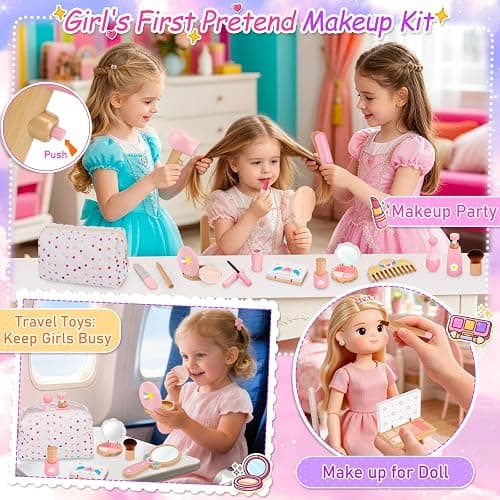 Kids Wooden Makeup Sets Toys for Girls, 3 4 5 6 Year Old Birthday Presents | Wooden Make Up Kit Toys for Kids, Gifts for 3-4-5 Year old Girls - 21Pc Pretend Fake Beauty Role Play with Cosmetic Bag thumbnail 6