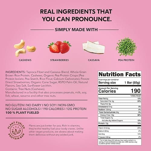 TRUBAR Vegan Protein Bar, Strawberry Shorty Got Cake, Gluten Free, Plant Based Protein, Dairy Free, Non GMO, Soy Free, No Sugar Alcohols, 12G Protein, 12G Fiber, 23G Carb, On the Go Snack Bars, 12 CT thumbnail 3