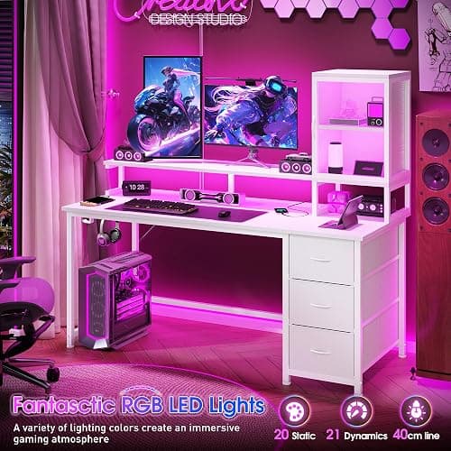 DurayLoly 47" White Computer Desk with 2 Acrylic Cabinet & 3 Fabric Drawers | Integrates Ample Storage & Display, Great Fit for Small Spaces, Outlets Suitable for Studying, Working & Gaming Equipments thumbnail 6