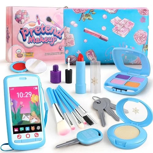 Woumserta Pretend Makeup Kit for Kids 3-5, Blue Fake Makeup Set for Toddlers Girls, Play Makeup Gifts for Little Girls Age 3 4 5 6 7 Year Old, Make Up Toys Birthday (Blue) - Image 1