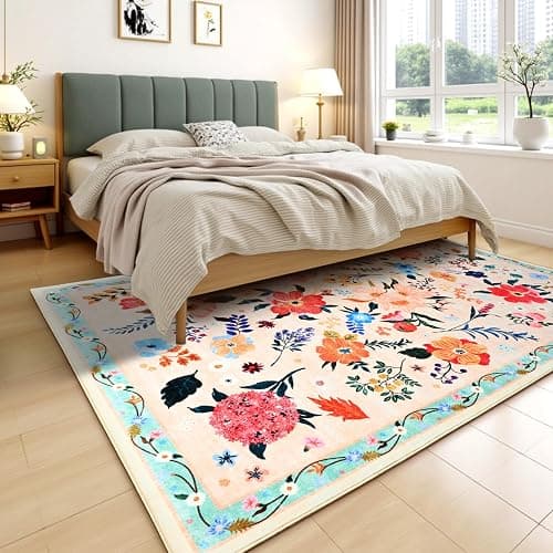 Terrug Floral Large Area Rug for Living Room, 6x9 Beige Washable Rug Boho Ultra-Thin Carpet, Soft Non Slip Stain Resistant Vintage Rug for Living Room, Bedroom, Dorm, Dining Room, Office thumbnail 2