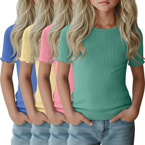 LessonZoo 4 Pack Girls Short Sleeve Tops Ribbed Cotton Lettuce Trim T Shirts Crew Neck Cute Basic Tees for Kids Teen 5-14Y - Image 1