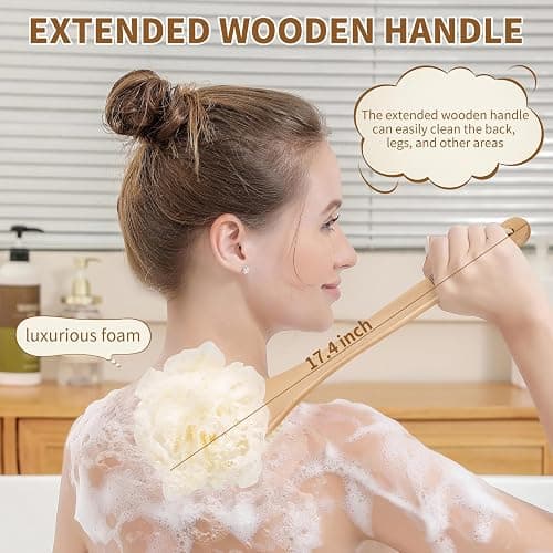 DEBETOOL Shower Loofah with Handle - Wooden Long Handle Shower Body Brush with Loofah for Exfoliating, Natural Loofah Back Scrubber for Women and Men thumbnail 2