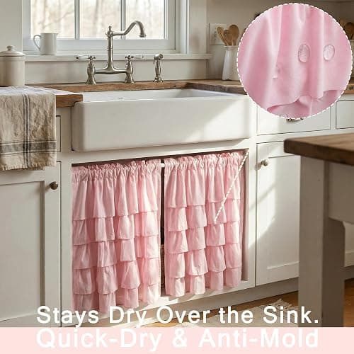 WestWeir Pink Ruffle Cafe Curtains 24 Inch Length Water Repellent Double Layer Kitchen Window Tiered Treatments 2 Panels for Bathroom Laundry RV Farmhouse Boho Decor thumbnail 4