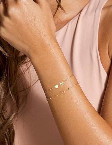 DEARMAY Dainty Initial Heart 14K Gold Plated Bracelets for Women Trendy, Letter Charm Bracelet Jewelry Cute Simple Fashion Chain Gift thumbnail 2