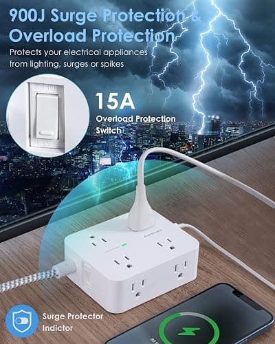 6Ft Surge Protector Power Strip with USB C, HANYCONY Extension Cord with 8 Outlets(2.2 IN) 4 USB Ports(2 USB C), Flat Plug, Wall Mount, 3 Side Outlet Extender for Home Dorm Room Essentials, ETL Listed thumbnail 6