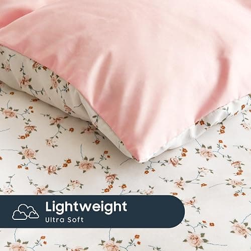 Wake In Cloud - Floral Comforter Set, Coquette Cottagecore Aesthetic Cute Flower Pattern for Women Teen Girls, Soft Lightweight Dorm Bedding, 3 Piece, Pink, Twin/Twin XL Size thumbnail 7