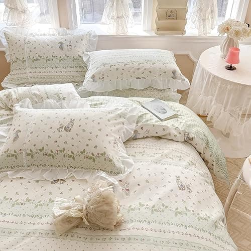 VM VOUGEMARKET Girls Flower Comforter Set Green Leaves with Cute Rabbit Comforter with 2 Pillow Shams Romantic Ruffle Down Comforter Set(3pcs,Queen) thumbnail 4