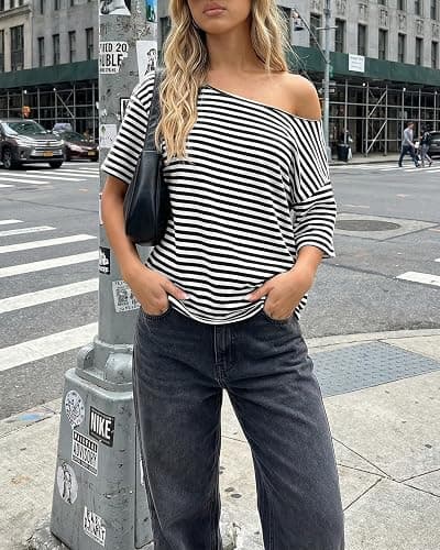 Cioatin Women Oversized Off Shoulder Striped Tee Tops Y2K Aesthetic Clean Fit Short Sleeve Tshirt Pullover Preppy Going Out thumbnail 4