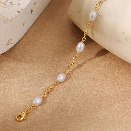 SLOONG Gold Pearl Bracelets for Women Trendy, 14K Real Gold Plated Dainty Stackable Snake Chain CZ Heart Pendant Bracelets, Layered Waterproof Jewelry Gift for Women Adjustable 6"+2" thumbnail 6