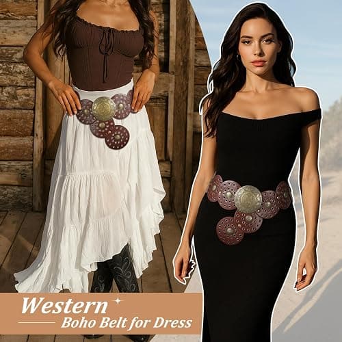 WERFORU Women Wide Western Disc Belt Cowgirl Boho Leather Belt for Jeans Dress thumbnail 4