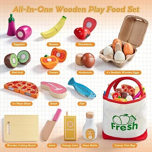 LAUGIGLE Wooden Play Food Sets for Kids Kitchen, Montessori Toy Food with Pizza Toy, Easter Eggs, Pretend Food Play Kitchen Accessories, Cutting Fake Food with Canvas Tote Bag, Birthday Christmas Gift thumbnail 9