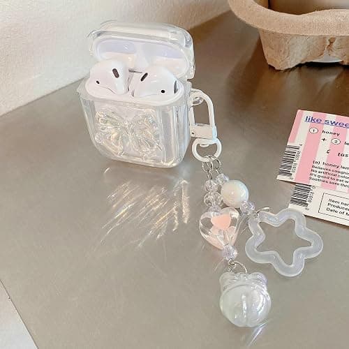 JANDM for AirPods 4 Case with Keychain,Shockproof Soft Clear Cute 3D Crysta Bowknot Design Cover with Bling Heart Beads Keychain for AirPods 4nd Generation -Bowknot thumbnail 5