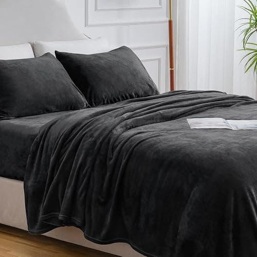 BEDELITE Flannel Sheets King Size Black - Super Soft Fleece Sheets Set Fluffy Extra Plush, 4 Piece(Include Fitted Sheet, Flat Sheet, 2 Pillowcases) thumbnail 9