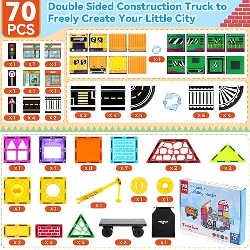 Theefun 70pcs Magnetic Tiles Road Set with Crane & 2 Cars Magnetic Blocks Double Side City STEM Construction Toy Gifts for Kids 3+ Years Old, Include 56 Magnetic Blocks, 13 Magnet Toppers, 1 Bag thumbnail 5