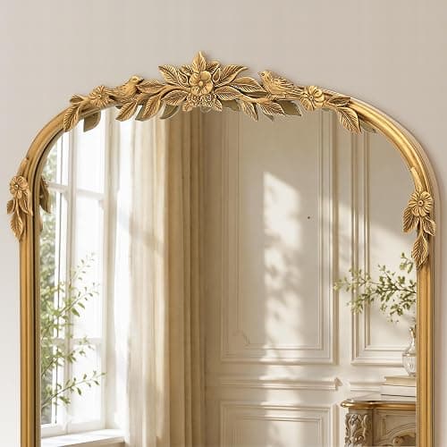 Micasso Gold Full Length Mirror: 21''x56'' Vintage Floor Long Body Mirror | Baroque Ornate Antique French Floral and Bird One Piece Carving for Bedroom/Cloakroom/Dressing Room - Ideal for Fashion Women thumbnail 3