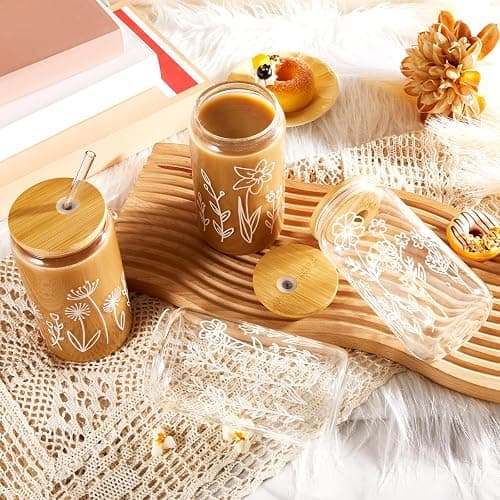 Mumufy 4 Pack Gift for Women Cute Glass Cup Tumbler Flower Iced Coffee Mugs 16 oz Glass with Bamboo Lid & Straw, Mothers Day Birthday Gift for Mom Sister Bridesmaid Baby Shower (Boho Floral) thumbnail 5