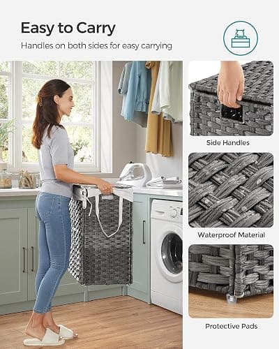 SONGMICS 130L Clothes Hamper with Lid, 2 Removable Liner Bags, 6 Mesh Bags, Wicker, Double Laundry Basket for Bathroom, 13 x 26 x 23.6 Inches, Gray ULCB253G01 thumbnail 8
