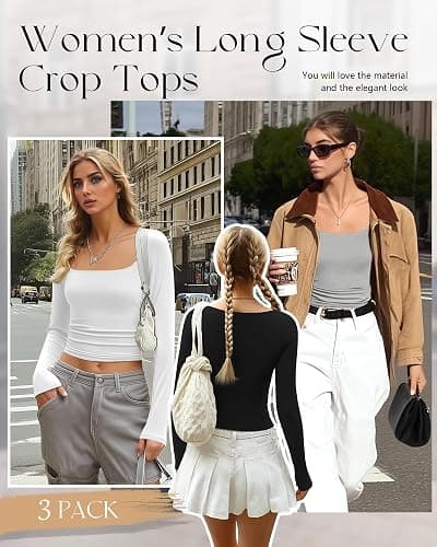 Riyiper 3 Pack Women's Long Sleeve Crop Tops, Square Neck Workout Shirts Tees Going Out Y2k Tops Basic Slim Fitted Base Layer thumbnail 2
