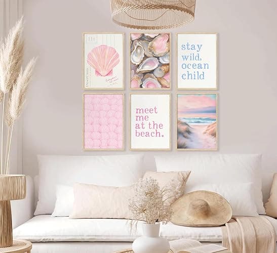 Pink Beach Preppy Wall art Coastal Granddaughter Aesthetic Room Painting Picture Wall Decor Shells Oyster Poster Print Artwork for Girls Room Girls Dorm Home Decoration thumbnail 9