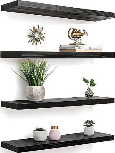 YFYEO Black Wood Floating Shelves for Wall Rustic Wall Shelf for Bedroom Living Room Set of 4 - Image 1
