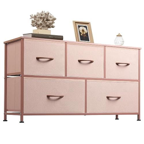 WLIVE Dresser for Bedroom with 5 Drawers, Wide Chest of Drawers, Fabric Dresser, Storage Organization Unit with Fabric Bins for Closet, Living Room, Hallway, Pink and Rose Gold - Image 1