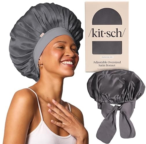 Kitsch XL Satin Bonnet for Sleeping - Softer Than Silk Hair Bonnet for Women - Secure Fit, Adjustable Night Cap for Curly & Textured Hair - Prevents Breakage, Tangles & Thinning - Charcoal - Image 1