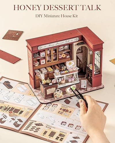 ROBOTIME DIY Miniature House Kit, Mini Wooden Dollhouse Kit for Adults, Building Kit with LED Light, Diorama Model,Halloween/Christmas/Birthday Gifts for Family/Friends (Honey Dessert Talk) thumbnail 6