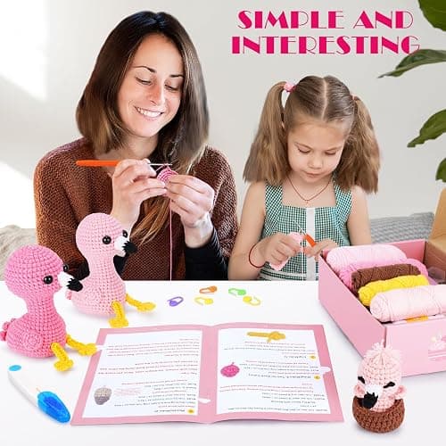 Crochet Kit for Beginners -Flamingo Family Crochet Kits with Step-by-Step Video Tutorials, Beginner Crochet Kit for Adults, Crochet Animal Kit for Kids, 3PCS Flamingo Crocheting Set(Pink) thumbnail 4