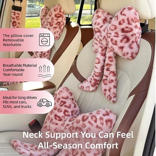 UINSUE Car Neck Pillow 2PCS Plush Bowknot Car Headrest Pillow – Comfortable Neck Support for Driving Soft Touch Fabric Car Pillow Cute Girl-Style Interior Decor (Pink Leopard) thumbnail 3