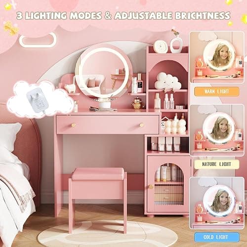 Vabches Kids Vanity Table and Chair Set, Toddler Dressing Table for 5-12 Year Old Little Girls, 2 in 1 Princess Makeup Vanity with Mirror & Lights, Wooden Pretend Play Vanity Desk, Pink thumbnail 3