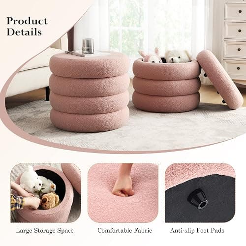 JIRAIN 20.1 Inch Round Storage Ottoman, Modern Sherpa Ottoman Coffee Table with Removable Top, Pink Vanity Stool with Storage for Bedroom, Living Room, Dorm, Set of 1 thumbnail 3
