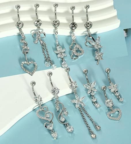 TIANCI FBYJS 14G Women Belly Button Rings Surgical Stainless Steel Dangle Belly Rings 10mm Belly Bar Body Piercing Navel Jewelry Butterfly Heart Flower Dangling Silver Gold Belly Piercings 11pcs thumbnail 2