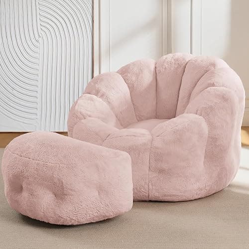 Bean Bag Chair with Ottoman, Pink Flower Bean Bag Chairs for Adults and Teens, Comfy Plush Faux Fur Reading Chair for Living Room, Bedroom, Apartment, Dorm - Image 1