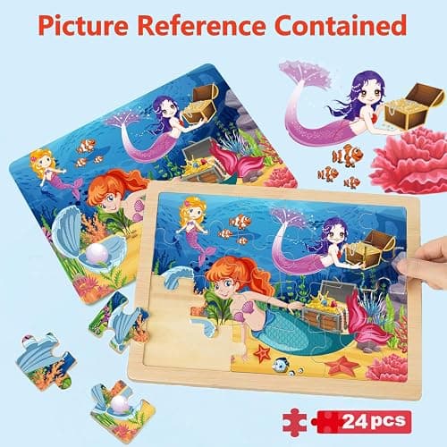 Wooden Puzzles for Kids Ages 4-6, 4 Packs 24 PCs Unicorn Mermaid Princess Fairy Jigsaw Puzzles, Preschool Educational Brain Teaser Toys for Girls 3 4 5 6 Years Old. thumbnail 4